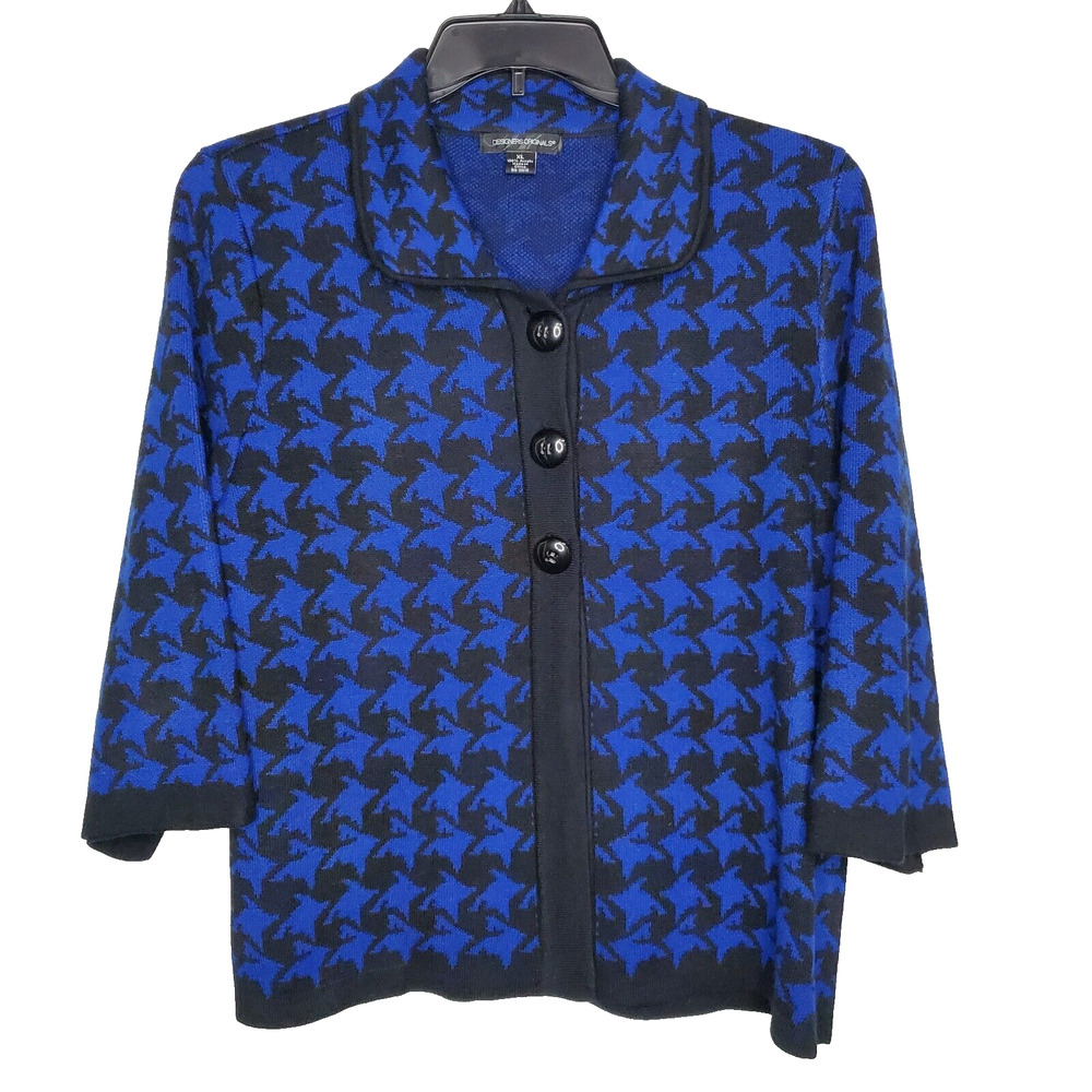 Designers Originals Womens Blue Black Knit Buttoned Cardigan Sweater SZ XL Y2K